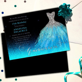 Elegante Aqua Spanish Gown Quinceañera - Silber Folieneinladung
