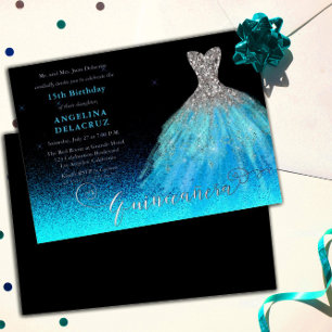 Elegante Aqua Spanish Gown Quinceañera - Silber Folieneinladung