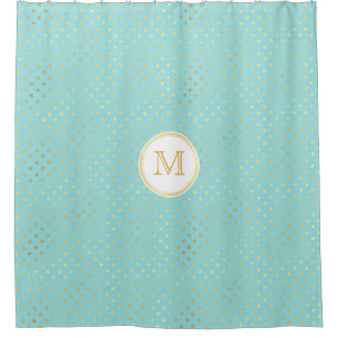 Elegante Aqua- und Goldpolka-Punkte mit Monogramm Duschvorhang