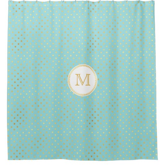 Elegante Aqua- und Goldpolka-Punkte mit Monogramm Duschvorhang (Vorderseite)