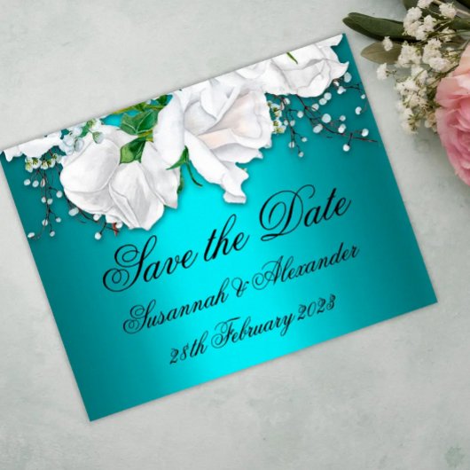 Elegante Aqua und White Rose Bouquet Save the Date Ankündigungspostkarte