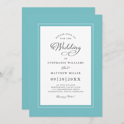 Elegante Aqua & White Wedding Chic Calligraphie Einladung (Vorne/Hinten)