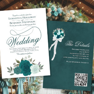 Elegante Aquamarin & Aqua Rose Blumenkode Einladung