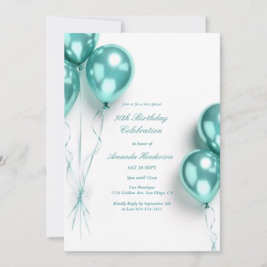 Elegante Aquamarin Balloon Geburtstagsparty Einladung (Vorderseite)