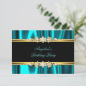 Elegante aquamarin-blaue Gold Black Birthday Party Einladung (Stehend Vorderseite)