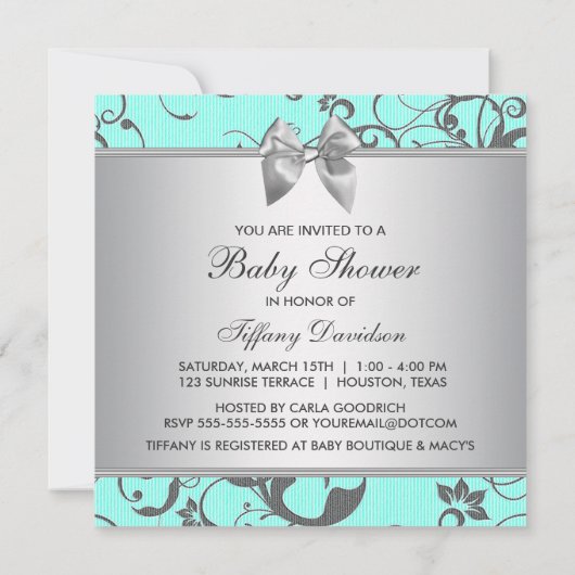 Elegante Aquamarin Blue and Gray Baby Dusche Einladung (Rückseite)