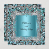 Elegante Aquamarin Blue Birthday Party Silver Blac Einladung (Vorne/Hinten)