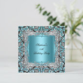 Elegante Aquamarin Blue Birthday Party Silver Blac Einladung (Stehend Vorderseite)