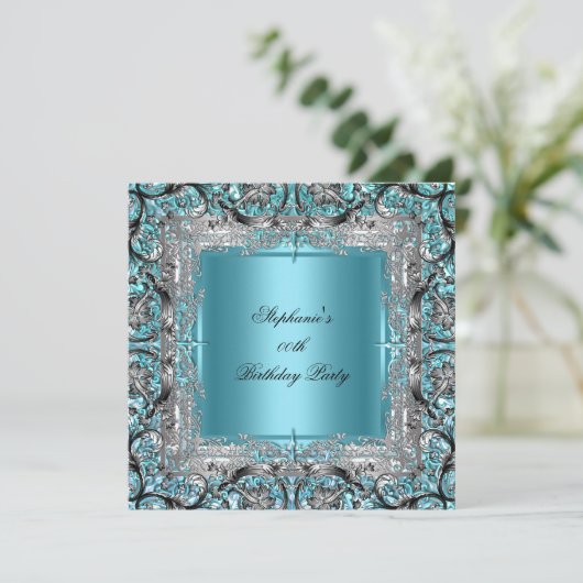 Elegante Aquamarin Blue Birthday Party Silver Blac Einladung (Stehend Vorderseite)