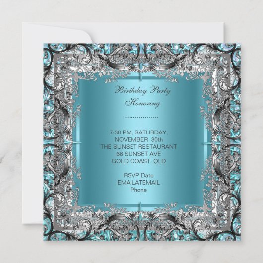 Elegante Aquamarin Blue Birthday Party Silver Blac Einladung (Rückseite)