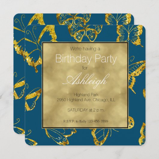 Elegante Aquamarin Blue Gold Butterflies Geburtsta Einladung (Vorne/Hinten)