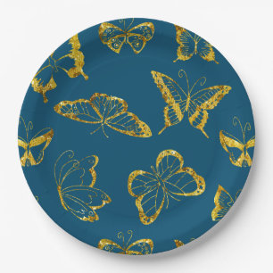 Elegante Aquamarin Blue Gold Butterflies Geburtsta Pappteller