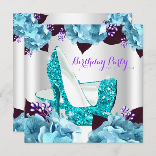 Elegante Aquamarin Blue Lila Hi Heelses Geburtstag Einladung (Vorne/Hinten)