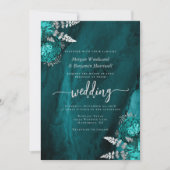 Elegante Aquamarin Blue Silver Floral Wedding Einladung (Vorderseite)