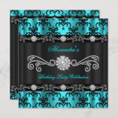 Elegante Aquamarin Damask Black Diamond Geburtstag Einladung (Vorne/Hinten)