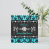 Elegante Aquamarin Damask Black Diamond Geburtstag Einladung (Stehend Vorderseite)