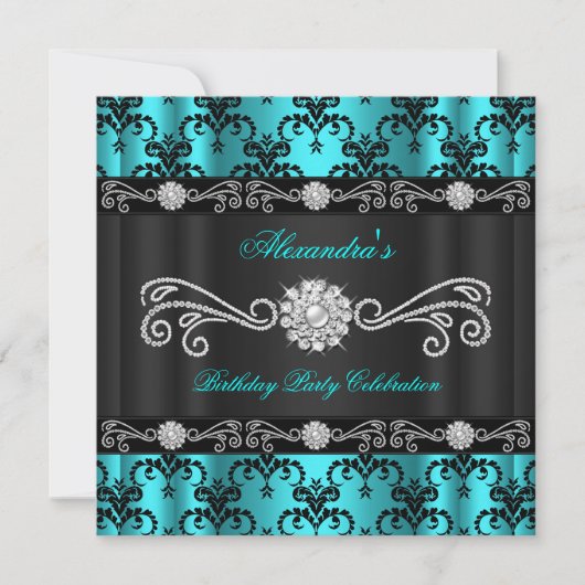 Elegante Aquamarin Damask Black Diamond Geburtstag Einladung (Vorderseite)