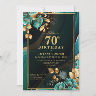 Elegante Aquamarin Gold 70. Geburtstagsparty Einladung