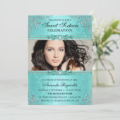 Elegante Aquamarin & Silver Floral 16 . Geburtstag Einladung (Stehend Vorderseite)