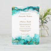 Elegante Aquamarin- und Goldhochzeit Einladung (Stehend Vorderseite)