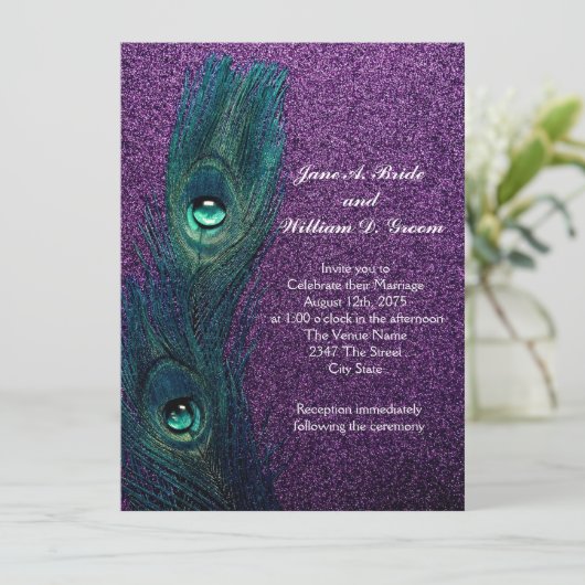 Elegante Aquamarine Blaue Lila Pfauenhochzeit Einladung (Stehend Vorderseite)