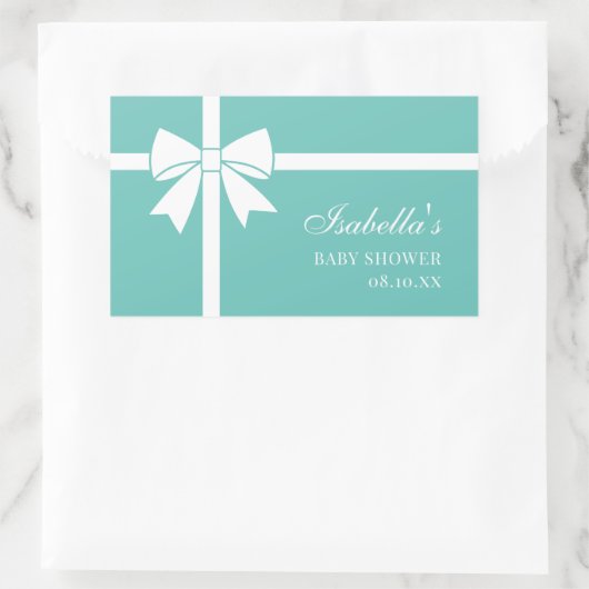 Elegante Aquamarine Blu-Weiß-Ribbon Bow Babydusche Rechteckiger Aufkleber (Tasche)