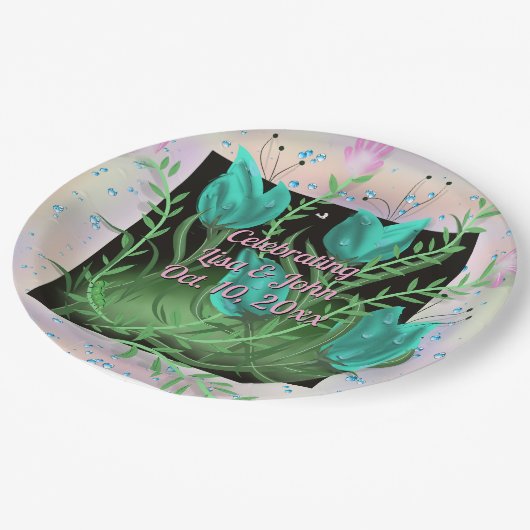 Elegante Aquamarine Blume Hochzeiten Teller (Schrägansicht)