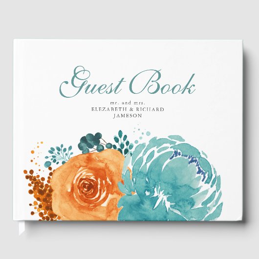 Elegante Aquamarine Burnt Orange Fall Floral Weddi Gästebuch (Vorderseite)