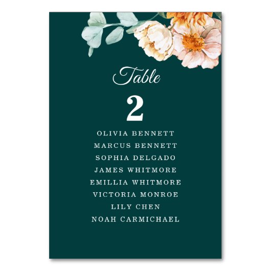 Elegante Aquamarine Burnt Orange Table Plan Hochze Tischnummer (Vorderseite)