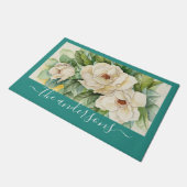 Elegante Aquamarine Floral Magnolia Blume Skriptna Fußmatte (Schrägansicht)