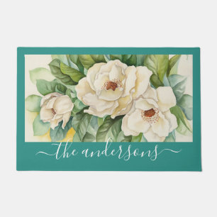 Elegante Aquamarine Floral Magnolia Blume Skriptna Fußmatte