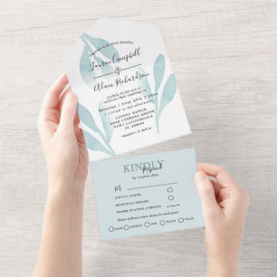 Elegante Aquamarine Foliage Watercolor Hochzeit All In One Einladung