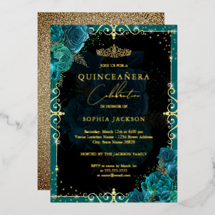 Elegante Aquamarine Gold Rose Quinceanera Folieneinladung