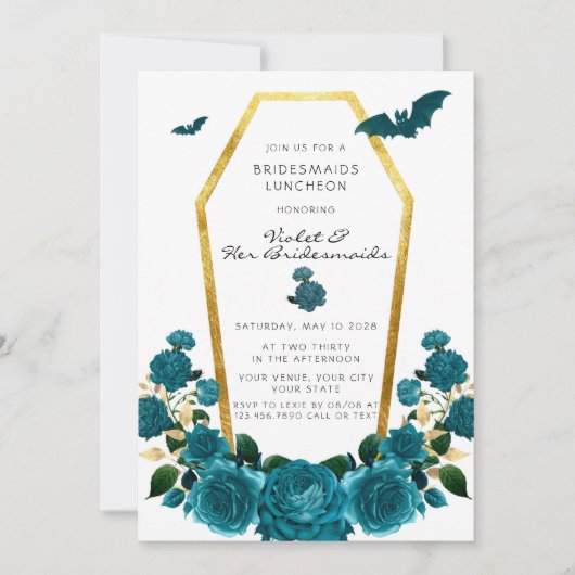 Elegante Aquamarine Goldcoffin Blumensträuße Mitta Einladung (Vorderseite)