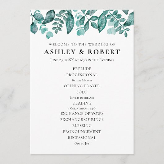 Elegante Aquamarine Grünflächen Blätter Hochzeit Programm (Vorderseite)