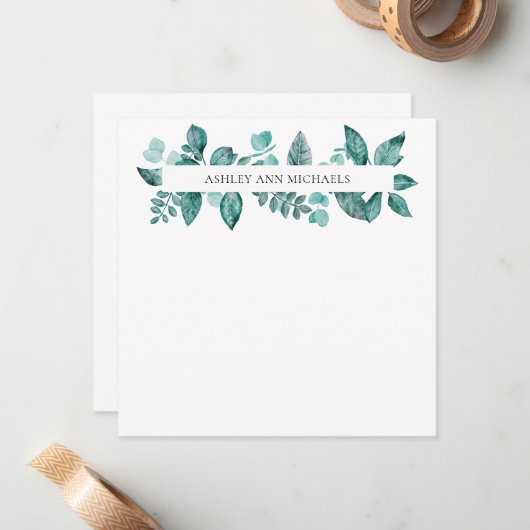Elegante Aquamarine Grünflächen Blätter Personalis Mitteilungskarte (Vorderseite/Rückseite Beispiel)