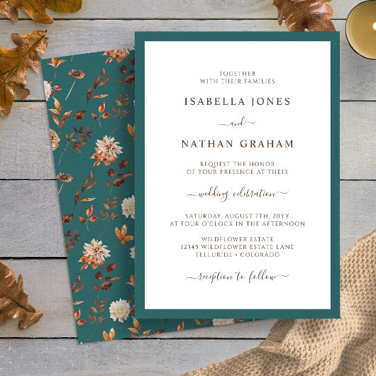 Elegante Aquamarine Herbsthochzeit Einladung