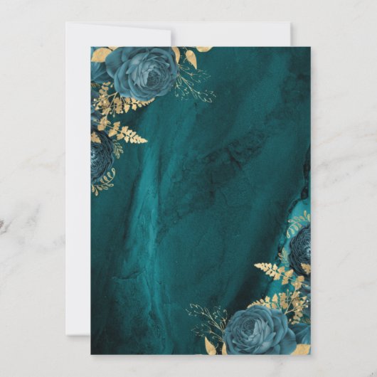 Elegante Aquamarine Hochzeit der Goldflora Einladung (Rückseite)