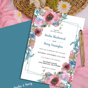Elegante Aquamarine Hochzeit in Blau und Rosa Einladung