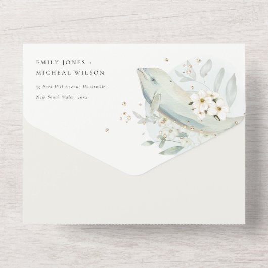 Elegante Aquamarine Hochzeit unter Wasser All In One Einladung (Rückseite)