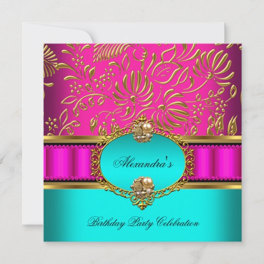 Elegante Aquamarine Hot Pink Gold Damask Geburtsta Einladung (Vorderseite)