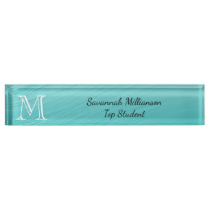 Elegante Aquamarine Imitate Metal Monogram Student Namensplakette
