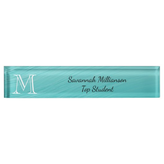 Elegante Aquamarine Imitate Metal Monogram Student Namensplakette (Vorderseite)