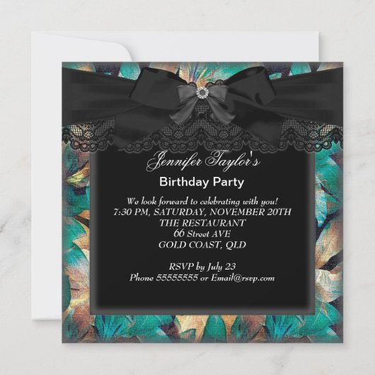 Elegante Aquamarine Jade Floral Black Lace Geburts Einladung (Rückseite)