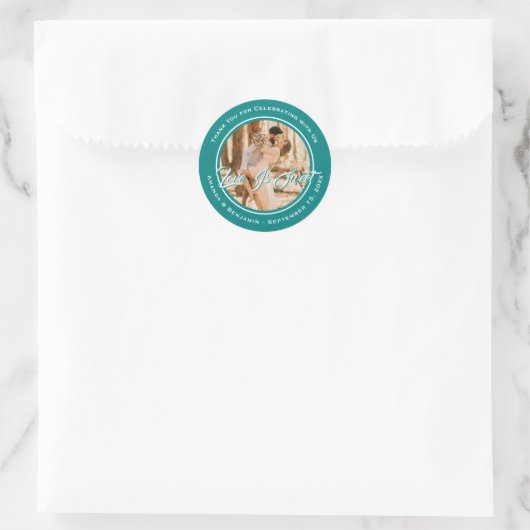 Elegante Aquamarine Liebe ist süßes HochzeitsFoto Runder Aufkleber (Tasche)