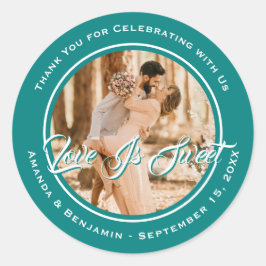 Elegante Aquamarine Liebe ist süßes HochzeitsFoto Runder Aufkleber