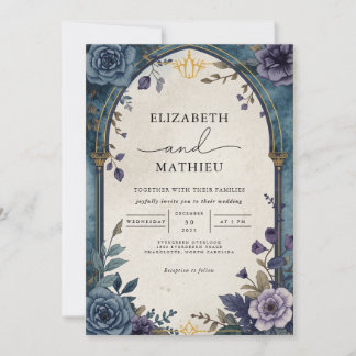Elegante Aquamarine Lila Botanische Blumenhochzeit Einladung