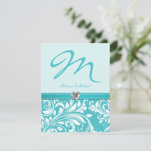 Elegante aquamarine Monogramm-Hochzeit lädt mit Einladung (Stehend Vorderseite)