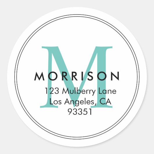 Elegante Aquamarine Monogramm-Rücksendeadresse Runder Aufkleber (Vorderseite)