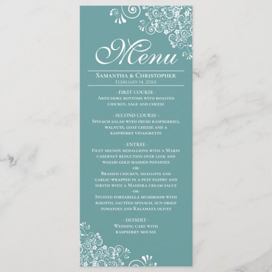 Elegante Aquamarine oder dunkle Aqua & White Curls Menükarte (Vorderseite)